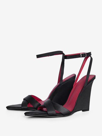 ブラック サテンウェッジサンダル オープントゥ クリスクロスサンダル レディース