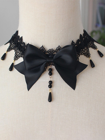 Accessoires gothiques Lolita tour de cou en dentelle bleu ciel clair avec nœuds et chaînes