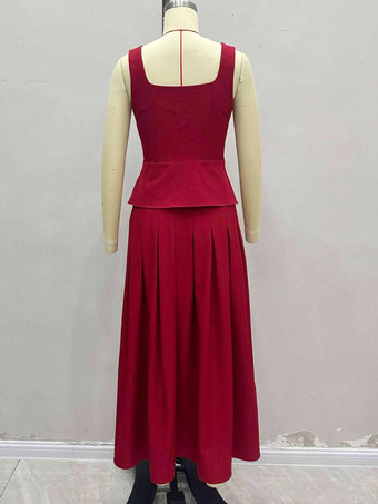 スクエアネックベストトップとロングスリットスカートのツーピースセット（レッド）2025年夏