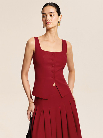 スクエアネックベストトップとロングスリットスカートのツーピースセット（レッド）2025年夏