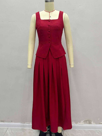 スクエアネックベストトップとロングスリットスカートのツーピースセット（レッド）2025年夏