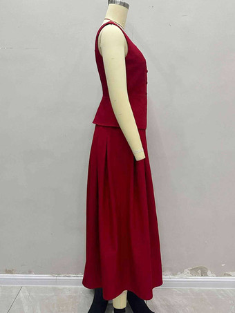 スクエアネックベストトップとロングスリットスカートのツーピースセット（レッド）2025年夏