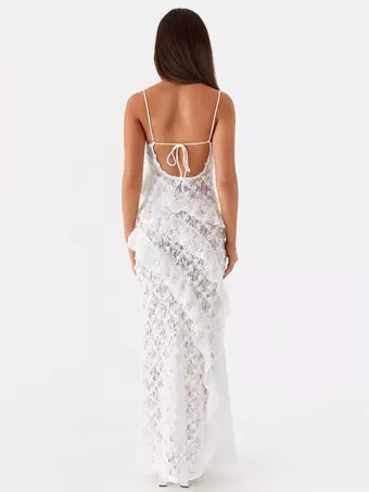 White Lace Maxi Slip Dress With Layered Ruffles And Open Back For Summer 2026 - Milanoo.com White Lace Maxi Slip Dress With Layered Ruffles And Open Back For Summer 2026 - Milanoo.com