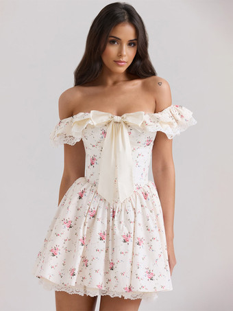 ホワイト 2025年夏にぴったりの、リボンディテールのオフショルダー花柄ミニドレス