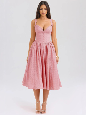 ピンク2025年夏のイベントにぴったりの、胸元が開いたVネックの刺繍入りミディ丈サンドレス