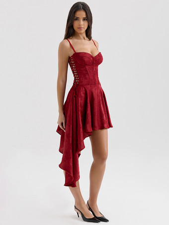 2025年夏向け、アシンメトリーヘムのジャカードミニパーティードレス