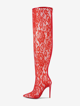 レッド レースのセクシーなブーツ、ポインテッドトゥ、ハイヒール、サイハイブーツ