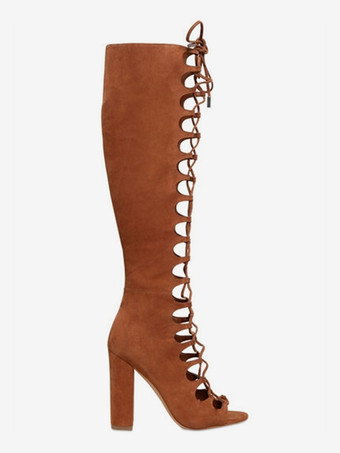 スエードグラディエーターサンダル オープントゥ カットアウト レースアップ チャンキーヒールサンダルシューズ