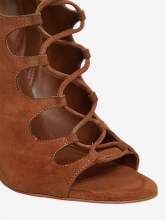 スエードグラディエーターサンダル オープントゥ カットアウト レースアップ チャンキーヒールサンダルシューズ