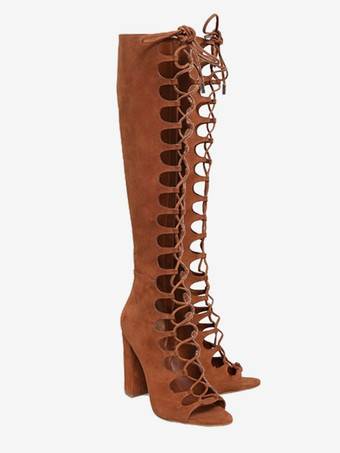 スエードグラディエーターサンダル オープントゥ カットアウト レースアップ チャンキーヒールサンダルシューズ