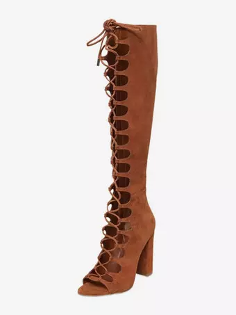 Bottes Talons Gladiateurs Breckelle's Femme - Genou - Marron Suède - Taille US 6.5 - Neuf
