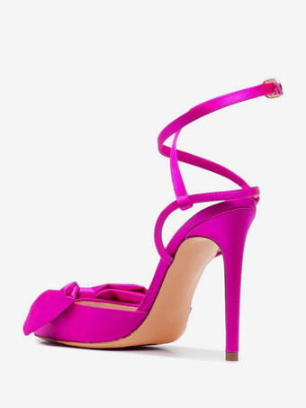 サテンハイヒール、ポインテッドトゥ、ボウ、レースアップ、スティレットヒールパンプス