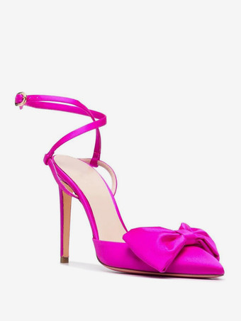 サテンハイヒール、ポインテッドトゥ、ボウ、レースアップ、スティレットヒールパンプス