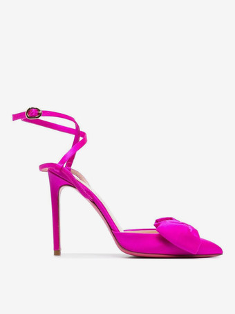 サテンハイヒール、ポインテッドトゥ、ボウ、レースアップ、スティレットヒールパンプス