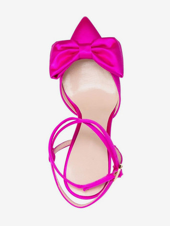 サテンハイヒール、ポインテッドトゥ、ボウ、レースアップ、スティレットヒールパンプス