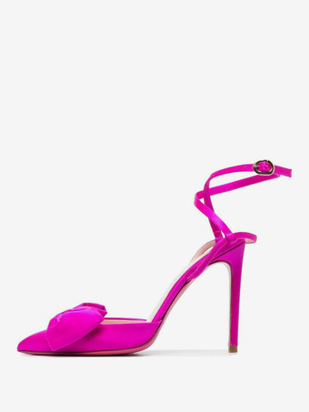 サテンハイヒール、ポインテッドトゥ、ボウ、レースアップ、スティレットヒールパンプス