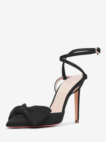 ブラック サテンハイヒール、ポインテッドトゥ、ボウ、レースアップ、スティレットヒールパンプス