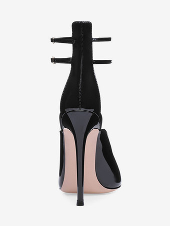 レディース ブラック ハイヒール ポインテッドトゥ アンクルストラップ ドレスシューズ