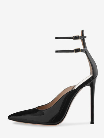 レディース ブラック ハイヒール ポインテッドトゥ アンクルストラップ ドレスシューズ