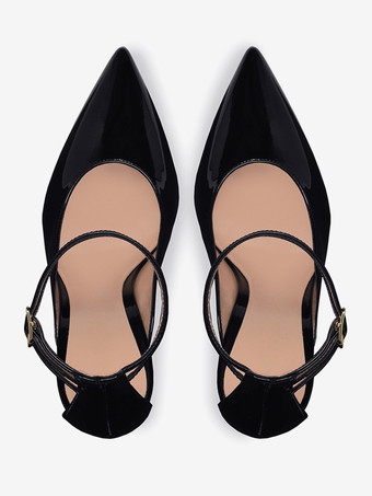 レディース ブラック ハイヒール ポインテッドトゥ アンクルストラップ ドレスシューズ