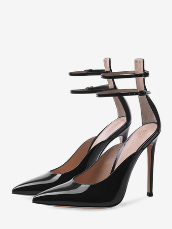 ブラック レディース ブラック ハイヒール ポインテッドトゥ アンクルストラップ ドレスシューズ