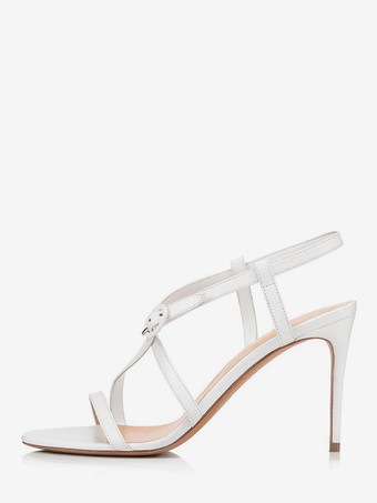 ホワイト ブラックハイヒールサンダル レディース オープントゥ ストラップ パーティーシューズ