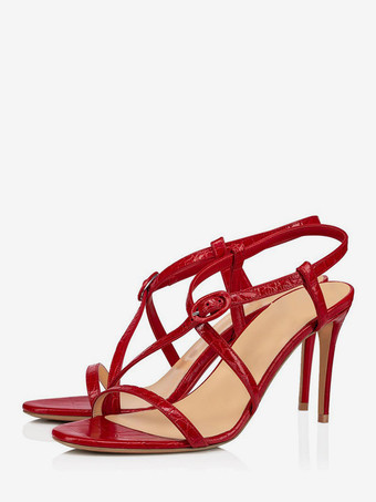 レッド ブラックハイヒールサンダル レディース オープントゥ ストラップ パーティーシューズ
