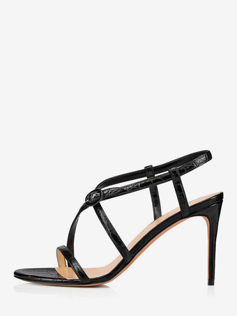 ブラック ブラックハイヒールサンダル レディース オープントゥ ストラップ パーティーシューズ
