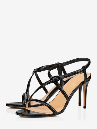 ブラックハイヒールサンダル レディース オープントゥ ストラップ パーティーシューズ