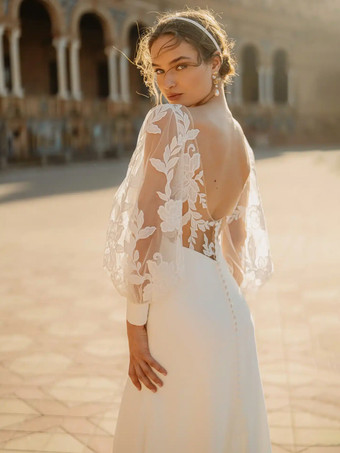 トレーン付きウェディングドレス、ボールガウン、長袖、レース、Vネック、ブライダルガウン