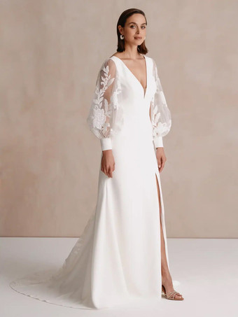 トレーン付きウェディングドレス、ボールガウン、長袖、レース、Vネック、ブライダルガウン