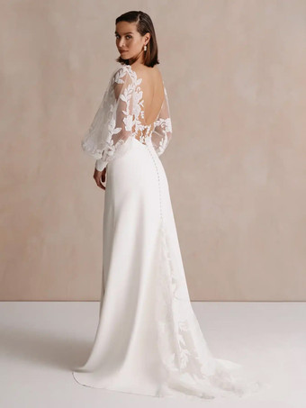 ホワイトトレーン付きウェディングドレス、ボールガウン、長袖、レース、Vネック、ブライダルガウン