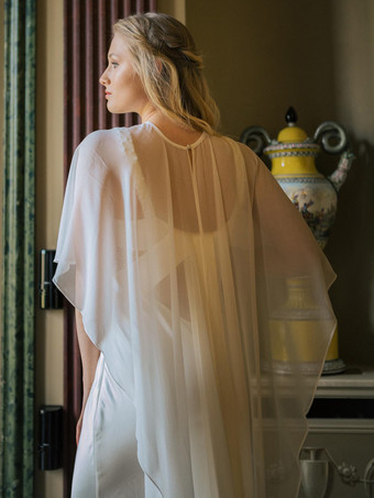 ウェディングラップ ホワイト ハーフスリーブ ジュエルネック キャップスリーブ ショール シフォンボタン ブライダルカバーアップ