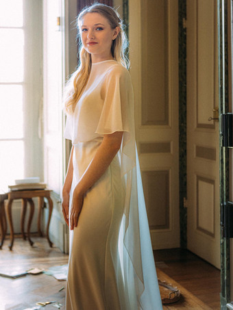 アイボリーウェディングラップ ホワイト ハーフスリーブ ジュエルネック キャップスリーブ ショール シフォンボタン ブライダルカバーアップ