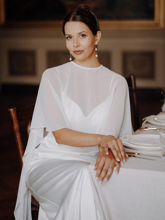 ウェディングラップ ホワイト ハーフスリーブ ジュエルネック キャップスリーブ ショール シフォンボタン ブライダルカバーアップ