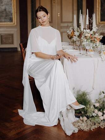 ウェディングラップ ホワイト ハーフスリーブ ジュエルネック キャップスリーブ ショール シフォンボタン ブライダルカバーアップ