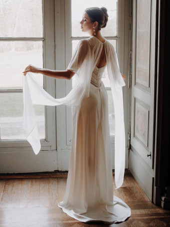 ホワイト ウェディングラップ ホワイト ハーフスリーブ ジュエルネック キャップスリーブ ショール シフォンボタン ブライダルカバーアップ