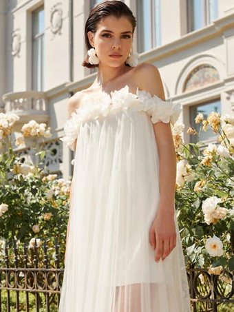 ショート丈ウェディングドレス Aライン バトーネック ノースリーブ 花柄 ブライダルガウン