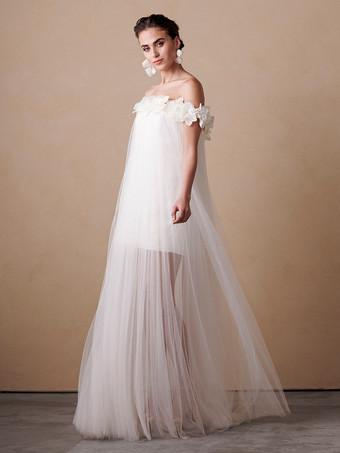 ホワイトショート丈ウェディングドレス Aライン バトーネック ノースリーブ 花柄 ブライダルガウン