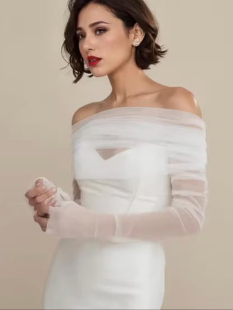 ウェディングラップ アイボリー 長袖 バトーネック ショール チュール ボタン ブライダルカバーアップ