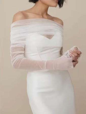 ウェディングラップ アイボリー 長袖 バトーネック ショール チュール ボタン ブライダルカバーアップ