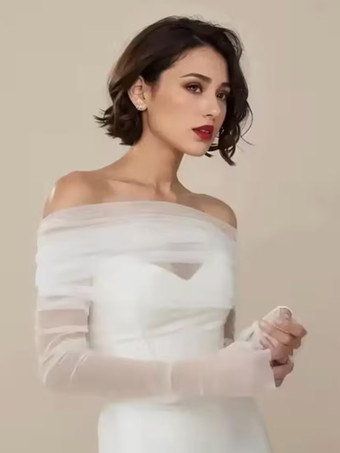 ウェディングラップ アイボリー 長袖 バトーネック ショール チュール ボタン ブライダルカバーアップ