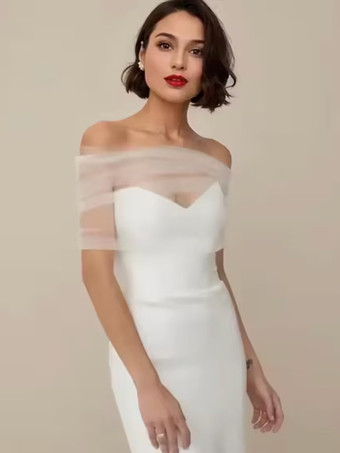 ウェディングラップ アイボリー 長袖 バトーネック ショール チュール ボタン ブライダルカバーアップ