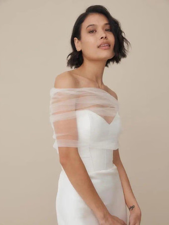 アイボリーウェディングラップ アイボリー 長袖 バトーネック ショール チュール ボタン ブライダルカバーアップ