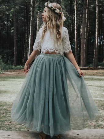 ツーピースウェディングフラワーガールドレス特別な機会のドレスピンク半袖レース