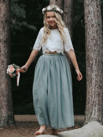 スレートグレー ツーピースウェディングフラワーガールドレス特別な機会のドレスピンク半袖レース