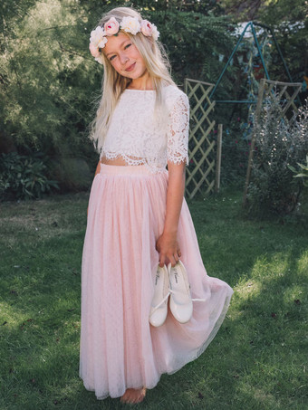 ツーピースウェディングフラワーガールドレス特別な機会のドレスピンク半袖レース