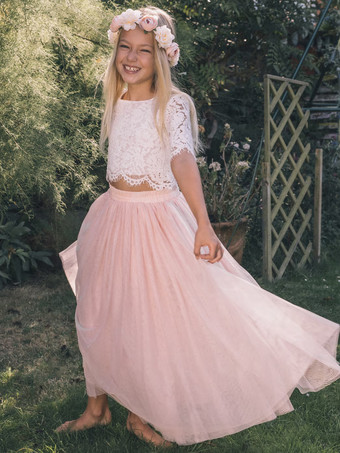 ピンクツーピースウェディングフラワーガールドレス特別な機会のドレスピンク半袖レース