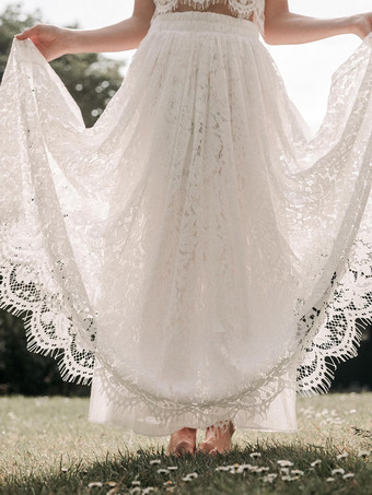 ツーピースの白いフラワーガールドレス、白いレースのノースリーブのジュエルネックのフラワーガールドレス