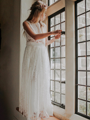 ツーピースの白いフラワーガールドレス、白いレースのノースリーブのジュエルネックのフラワーガールドレス